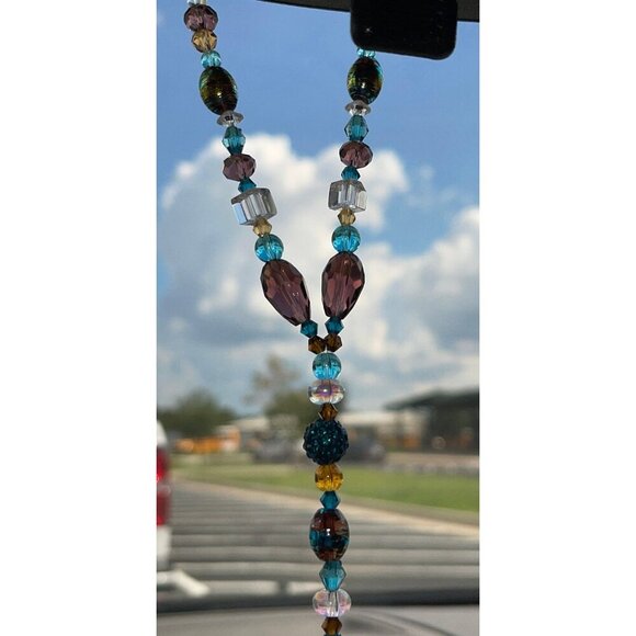 Beaded Suncatcher Rearview Mirror Ornament Blue Brown Crystal Prism Car Charm - Picture 4 of 10